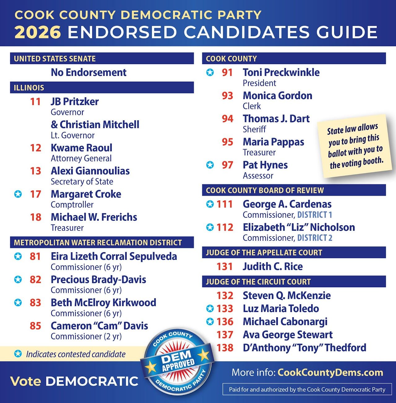 Cook County Democratic Party 2026 Endorsed Candidates Guide, listing endorsed candidates and their ballot numbers for Illinois statewide offices, the Metropolitan Water Reclamation District, Cook County offices, the Board of Review, and Appellate and Circuit Court judgeships.