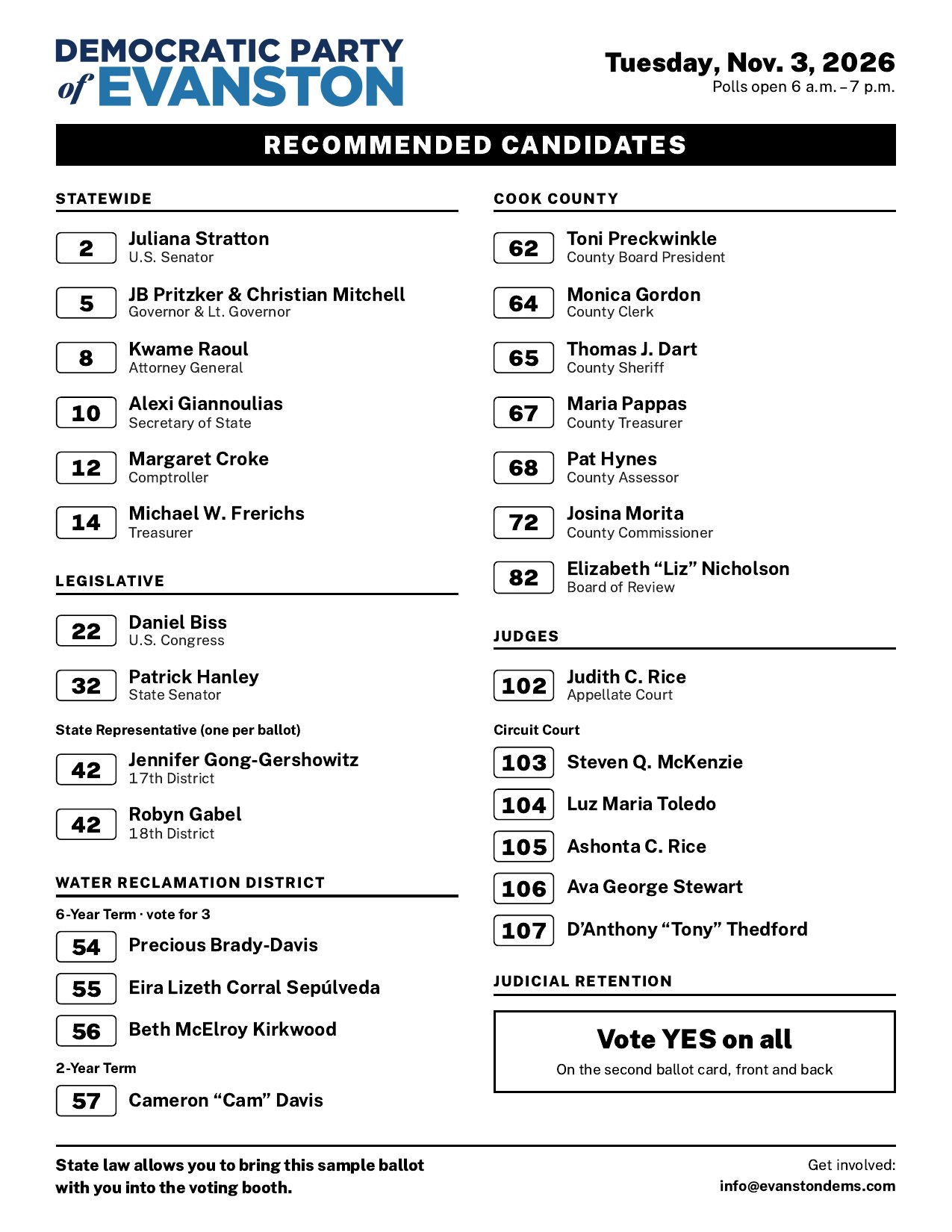 Democratic Party of Evanston sample ballot of recommended candidates for Tuesday, November 3, 2026, with ballot numbers for statewide, legislative, Water Reclamation District, Cook County and judicial races. The full list is on the Election Resources page.