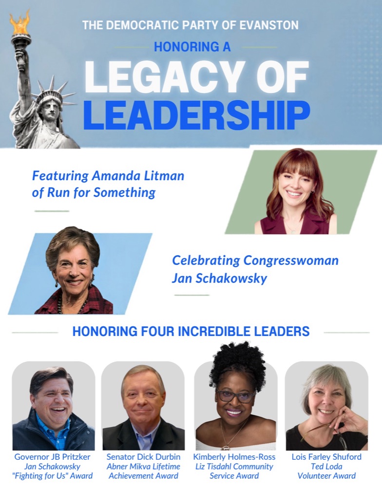 2026 DPOE Fall Fundraiser poster: Honoring a Legacy of Leadership. Featuring Amanda Litman of Run for Something, celebrating Congresswoman Jan Schakowsky, and honoring four leaders: Governor JB Pritzker (Jan Schakowsky Fighting for Us Award), Senator Dick Durbin (Abner Mikva Lifetime Achievement Award), Kimberly Holmes-Ross (Liz Tisdahl Community Service Award) and Lois Farley Shuford (Ted Loda Volunteer Award).