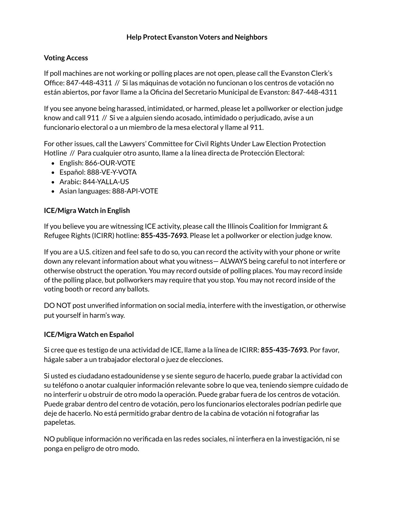 The guide, Help Protect Evanston Voters and Neighbors, with sections on voting access, ICE/Migra Watch in English and ICE/Migra Watch en Espa&ntilde;ol.