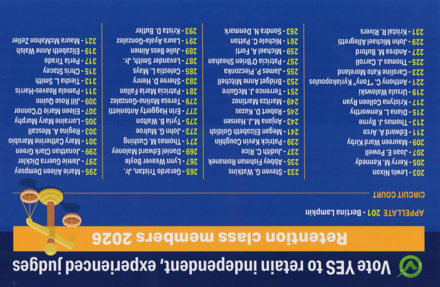 Card, back: Vote YES to retain independent, experienced judges. Retention class members 2026, with ballot numbers: Appellate Court, 201 Bertina Lampkin, and 59 Circuit Court judges numbered 203 through 321. The full list is on the Election Resources page.